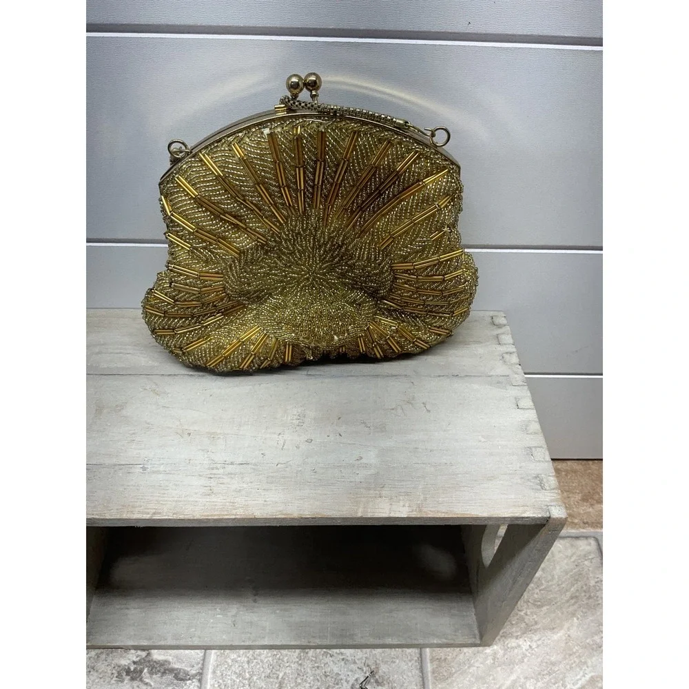 Vintage Gold Beaded Sunburst Evening Bag Kiss Lock Clutch Hong Kong 8x6